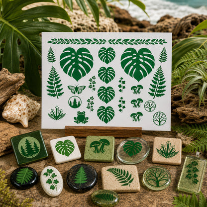 Jungle Fronds Lily Pads Mushrooms 24 pcs Green Fused Glass Decals