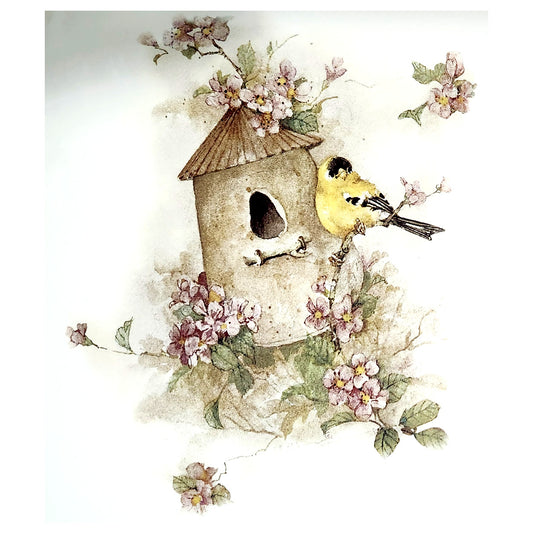 Goldfinch Rustic Birdhouse and Flowers 7.25" Overglaze Waterslide Ceramic Decals