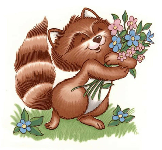 Spring Raccoon Flower Bouquet 3 pcs 3-3/4" X 3-1/4" Waterslide Ceramic Decal