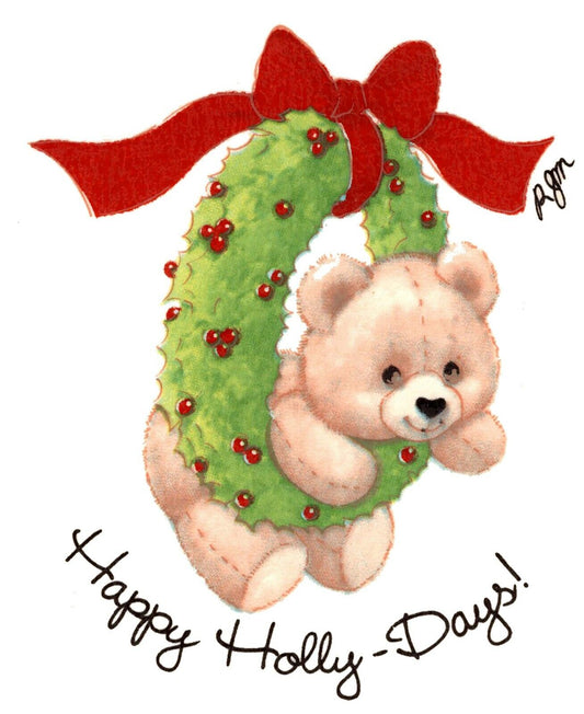Christmas Teddy Bear Wreath Red Bow 2 pcs 3-1/2" Waterslide Ceramic Decals