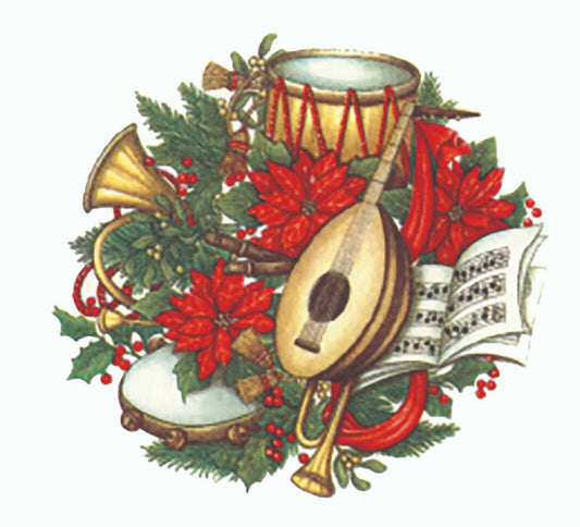 Christmas Instruments Drum Horn  4 pcs 2-3/4" X 2-1/2" Waterslide Ceramic Decals