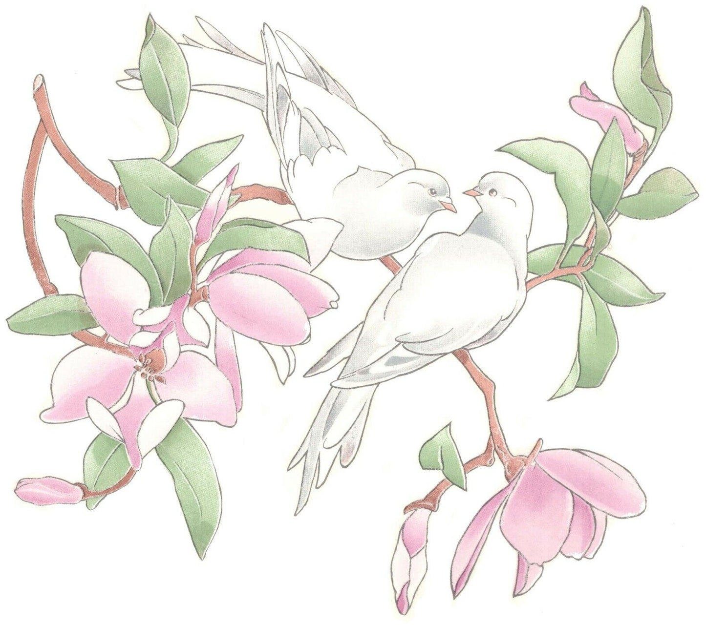 White Dove Pink Magnolia Flowers Overglaze Waterslide Ceramic Decals