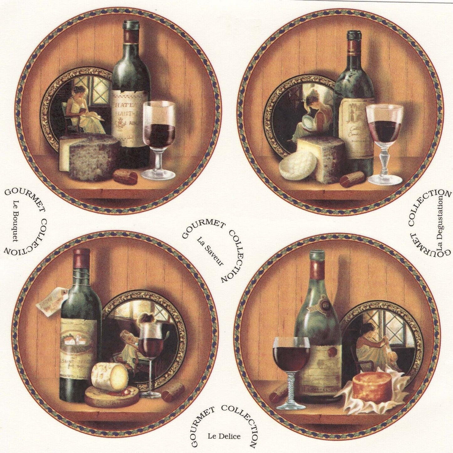 Wine Bottle Cheese Rustic 4 pcs 3" Waterslide Ceramic Decals