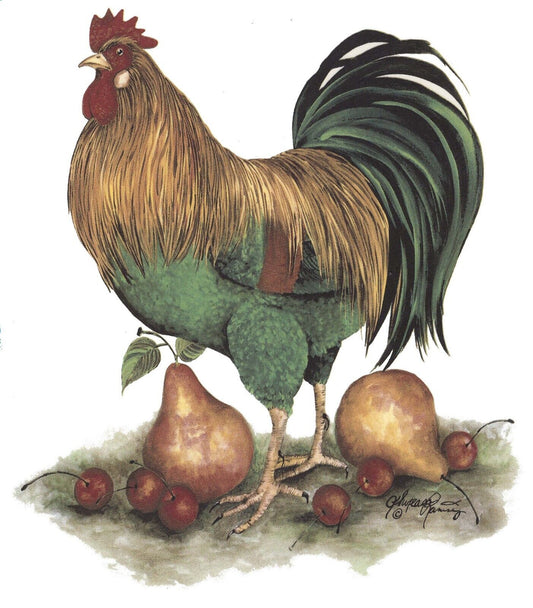 Rooster Pears Cherries 4 pcs 3" X 2-1/2" Overglaze Waterslide Ceramic Decals