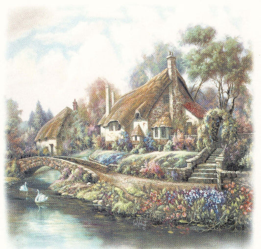 Thatched Cottage Bridge 3 pcs 4" X 4" Overglaze Waterslide Ceramic Decal