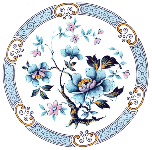 Blue Pink Flowering Tree Bordered Overglaze Waterslide Ceramic Decals