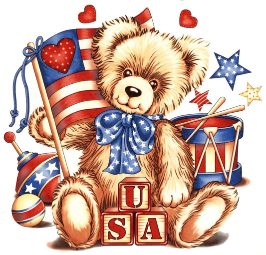 Patriotic USA Teddy Bear 7" X 6-1/2" Overglaze Waterslide Ceramic Decal
