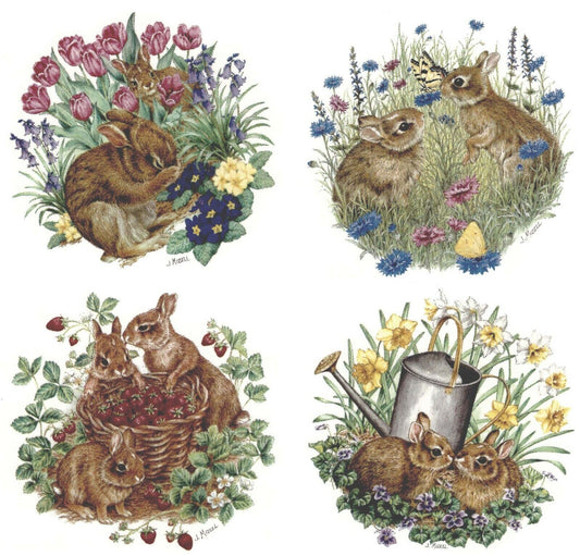 Brown Bunny Rabbit Garden 4 pcs 3" X 2-3/4" Overglaze Waterslide Ceramic Decals