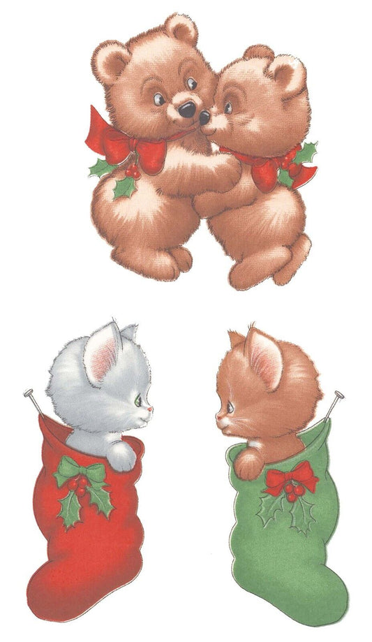 Christmas Stocking Pets Cats Bears 3 pcs 2-3/4" Waterslide Ceramic Decals