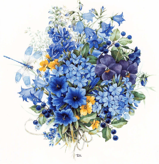 Blue Purple Yellow Flower Bouquet Dragonfly Waterslide Ceramic Decals