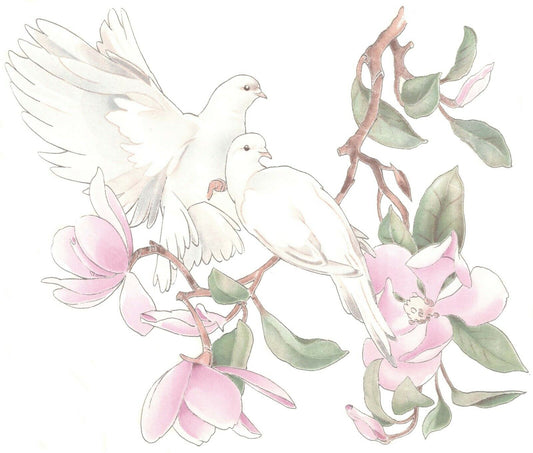 White Dove Pink Magnolia Branch Overglaze Waterslide Ceramic Decals