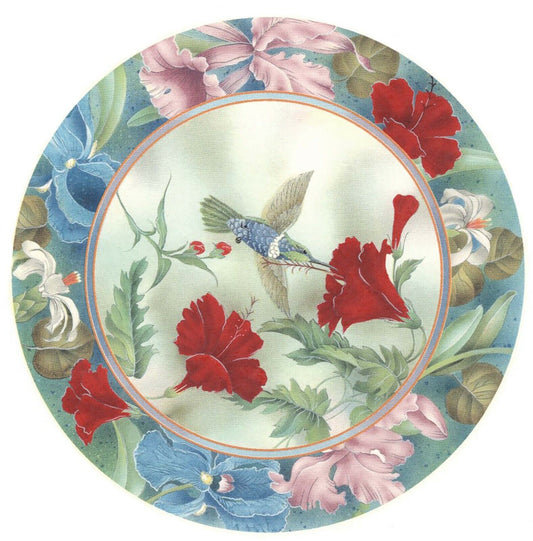 Hummingbird Red Pink Blue Round 1 pc 7-3/4" Overglaze Waterslide Ceramic Decal