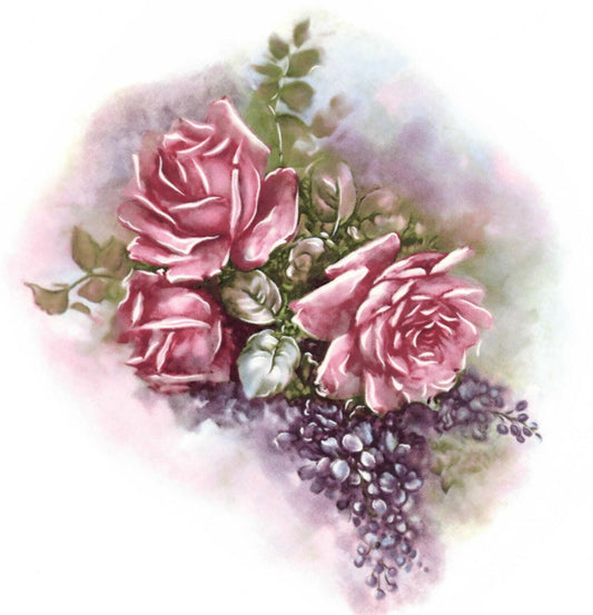 Pink Rose Purple Lilac Green Leaves  1 pc  6" X 5-1/4" Waterslide Ceramic Decal