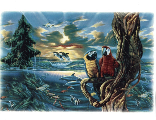 Tranquility Parrot Whale Dolphin Tray 11" X 7-1/4" Overglaze Waterslide Ceramic