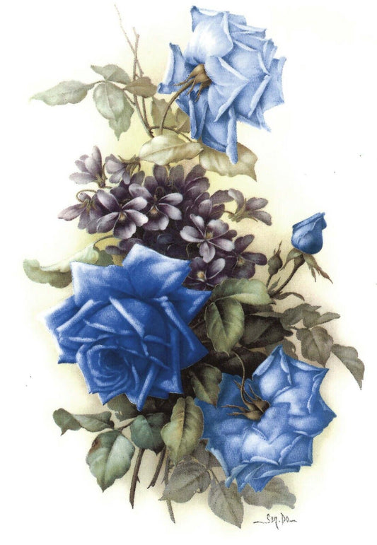 San Do Blue Rose Bouquet Flower Overglaze Waterslide Ceramic Decals