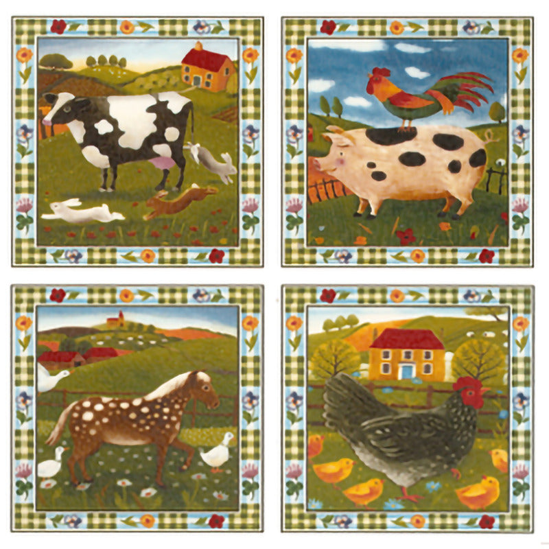Farm Animal Pig Horse Rooster Cow 4 pcs Overglaze Waterslide Ceramic Decals