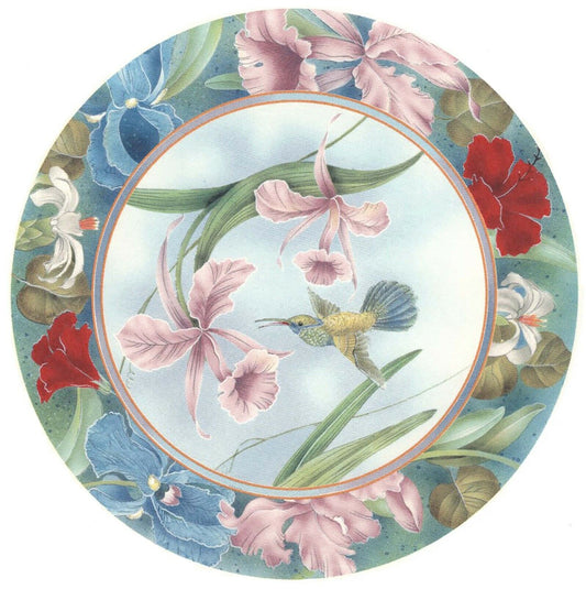 Hummingbird Red Pink Blue Flower Round 8" Overglaze Waterslide Ceramic Decal