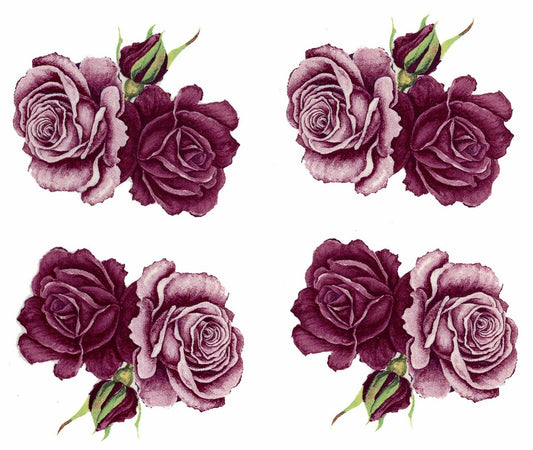 Burgundy Pink Roses with Bud 4 pcs 2-1/4" X 2" Waterslide Ceramic Decals
