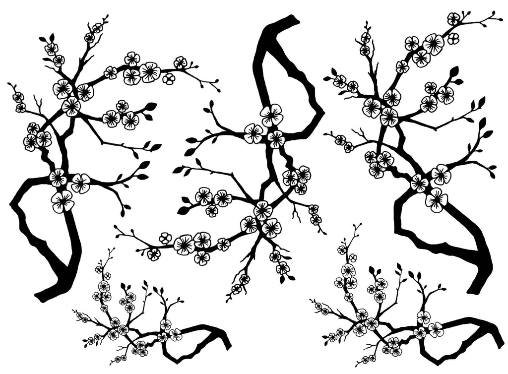Neely Cherry Blossom Branch 5 pcs 2-3/4" to 4"  Black Fused Glass Decals