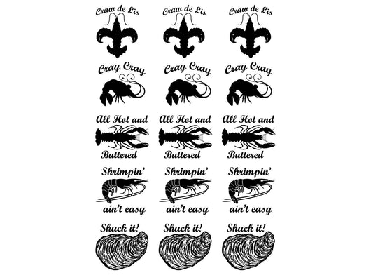 Seafood Lobster Oyster Shrimp 15 pcs 1" Black Fused Glass Decals