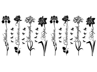 Flower Inspiration Word 8 pcs 3" Black Fused Glass Decals