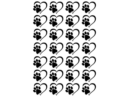 Heart Paw Print 28 pcs 3/4" Black Fused Glass Decals