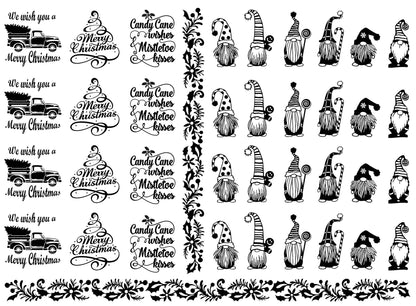 Christmas Santa Gnomes 36 pcs 1 Inch Black Fused Glass Decals