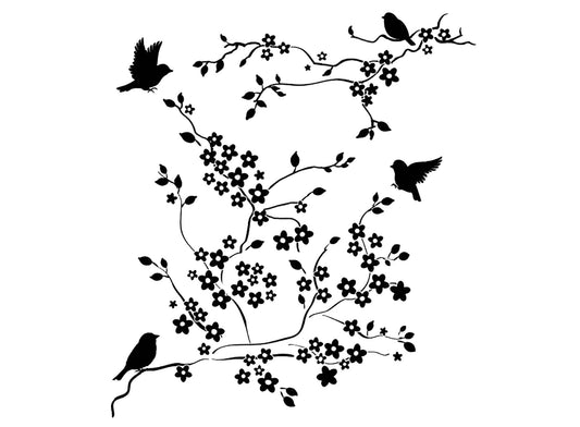 Birds Flowering Branch 2 Pcs 4" Black Fused Glass Decals