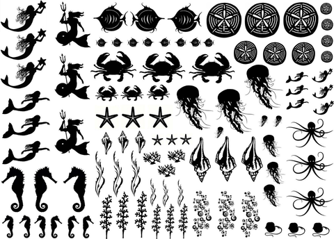 Under the Sea 96 pcs 1/4" to 1" Black Fused Glass Decals