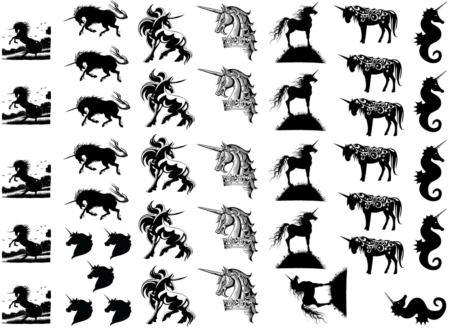 Unicorn Variety 41 pcs 1/2" to 1"  Black Fused Glass Decals