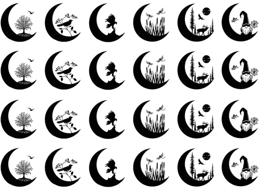 Crescent Moon Scenes 24 pcs 1" Black Fused Glass Decals