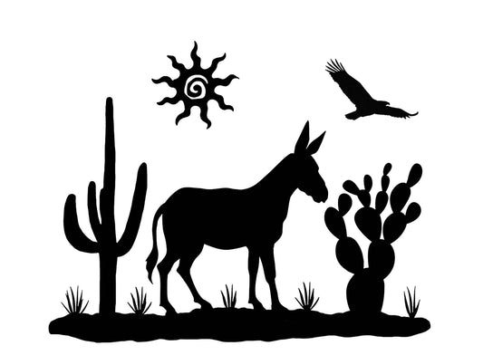 Mule Cactus Sun Eagle Scene 2 pcs 3-3/4" Black Fused Glass Decals