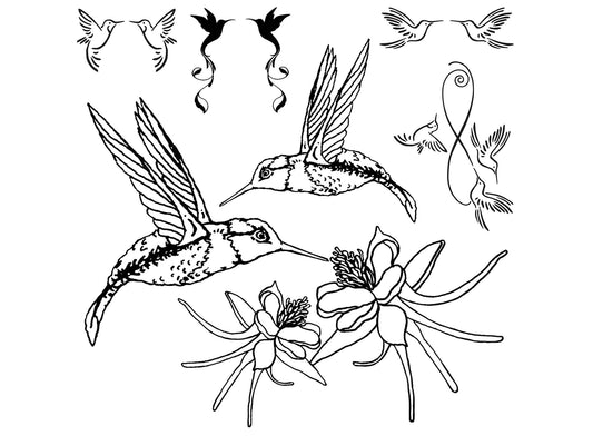 Hummingbirds by Neely 9 pcs 3/4" to 5"  Black Fused Glass Decals