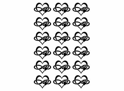 Heart Paw Infinity 18 pcs 1" Black Fused Glass Decals