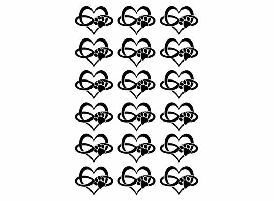 Heart Paw Infinity 18 pcs 1" Black Fused Glass Decals