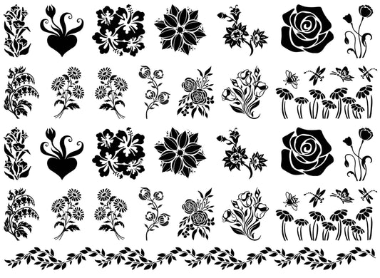 Flowers 29 pcs 1" Black Fused Glass Decals
