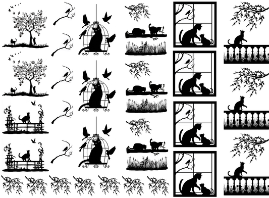 Cat Scenes 29 pcs Black Fused Glass Decals
