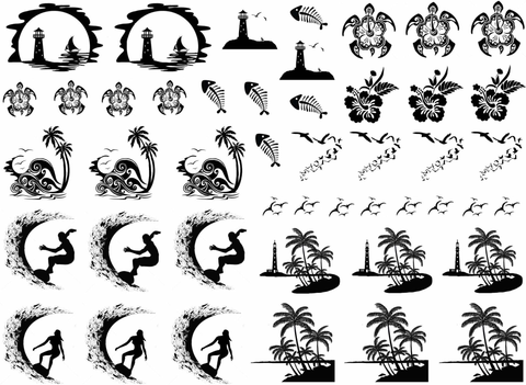 Tropical Paradise 46 pcs 1/4" to 1-1/4" Black Fused Glass Decals