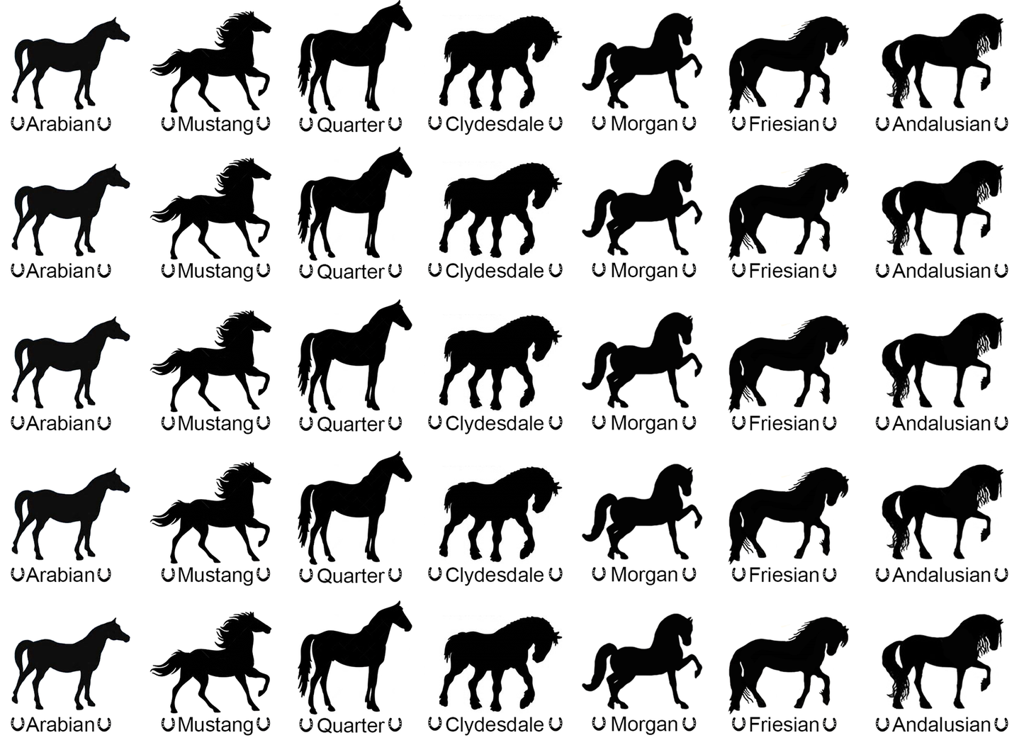 Horse Breeds 35 pcs 7/8"  Black Fused Glass Decals