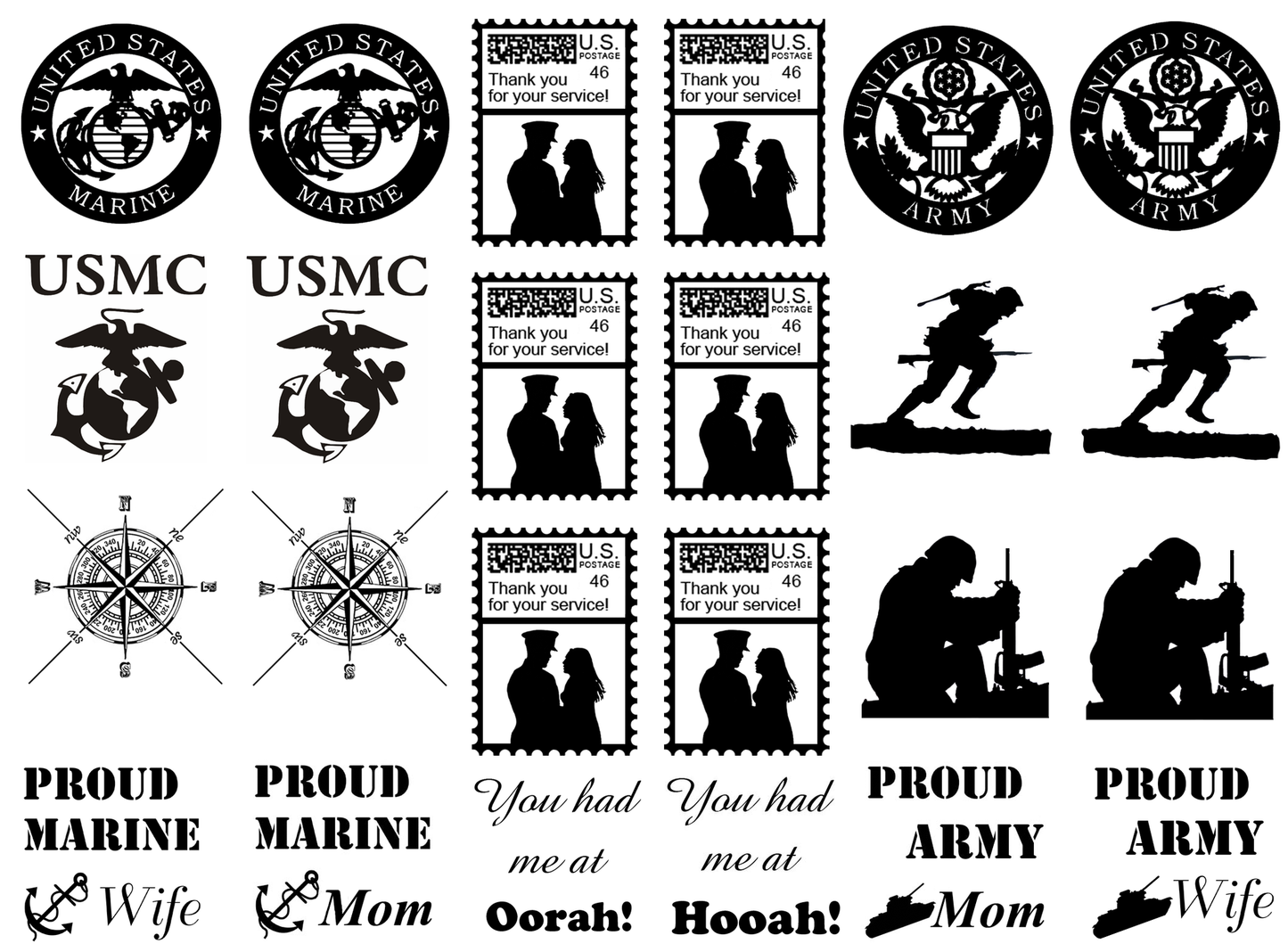 Military Marine Army 24 pcs 1" to 1-1/4"  Black Fused Glass Decals