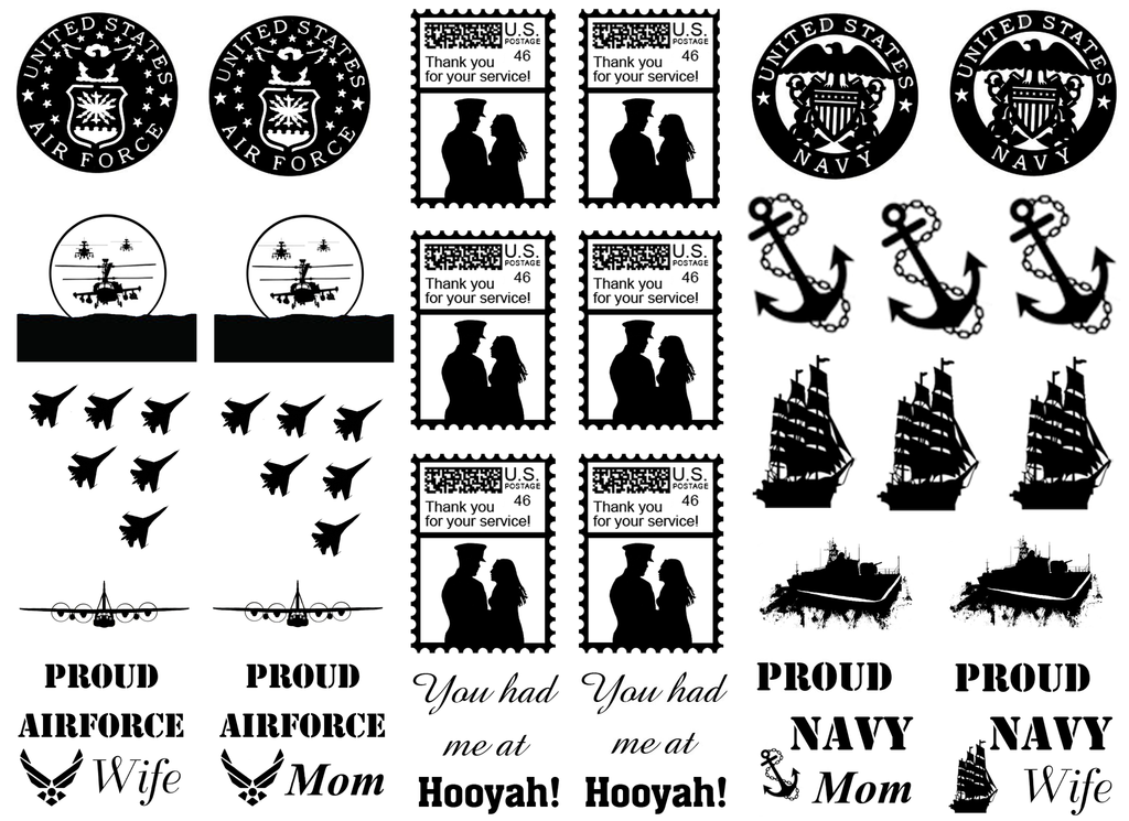 Military Air Force  Navy 1" to 1-1/4" Black Fused Glass Decals
