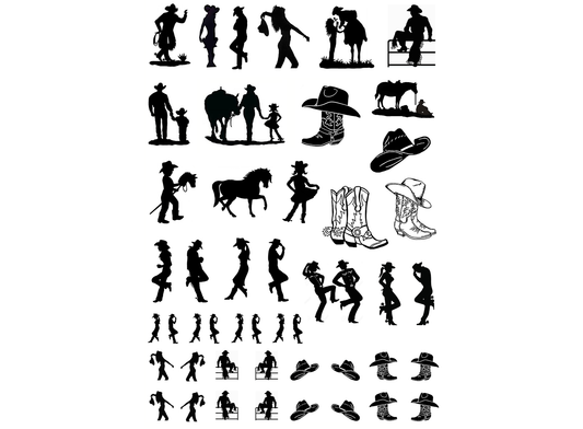 Cowboys Cowgirls 47 pcs 3/8" to 3/4" Black Fused Glass Decals