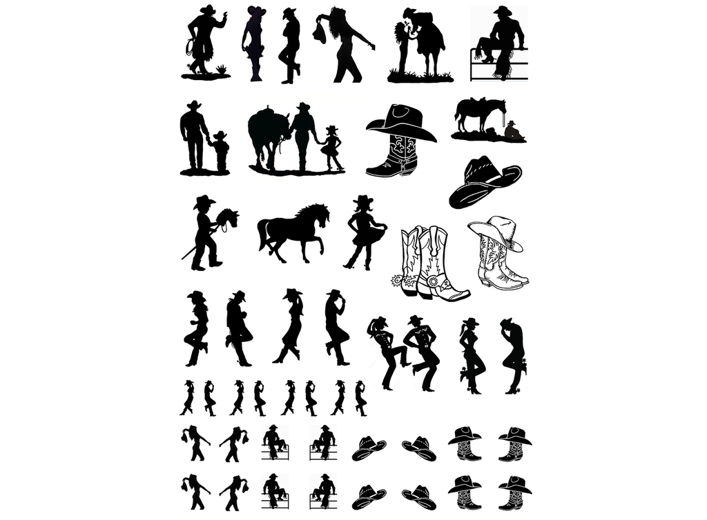 Cowboys Cowgirls 47 pcs 3/8" to 3/4" Black Fused Glass Decals