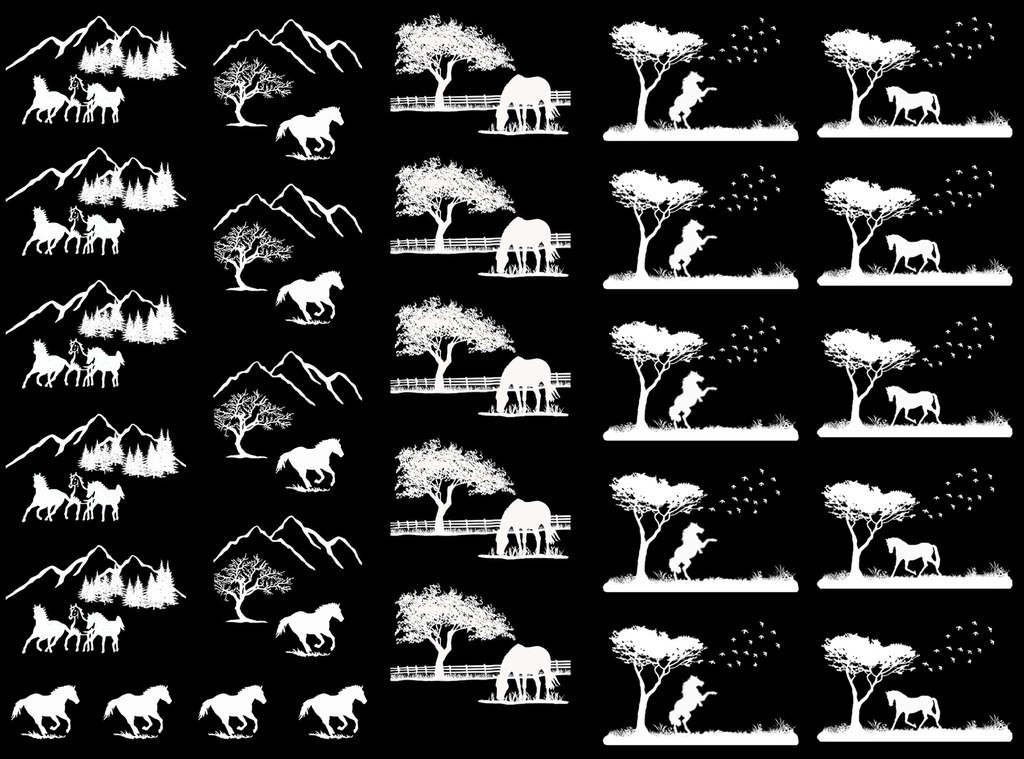 Horse Scenes 7/8" to 1-1/4" White Fused Glass Decals