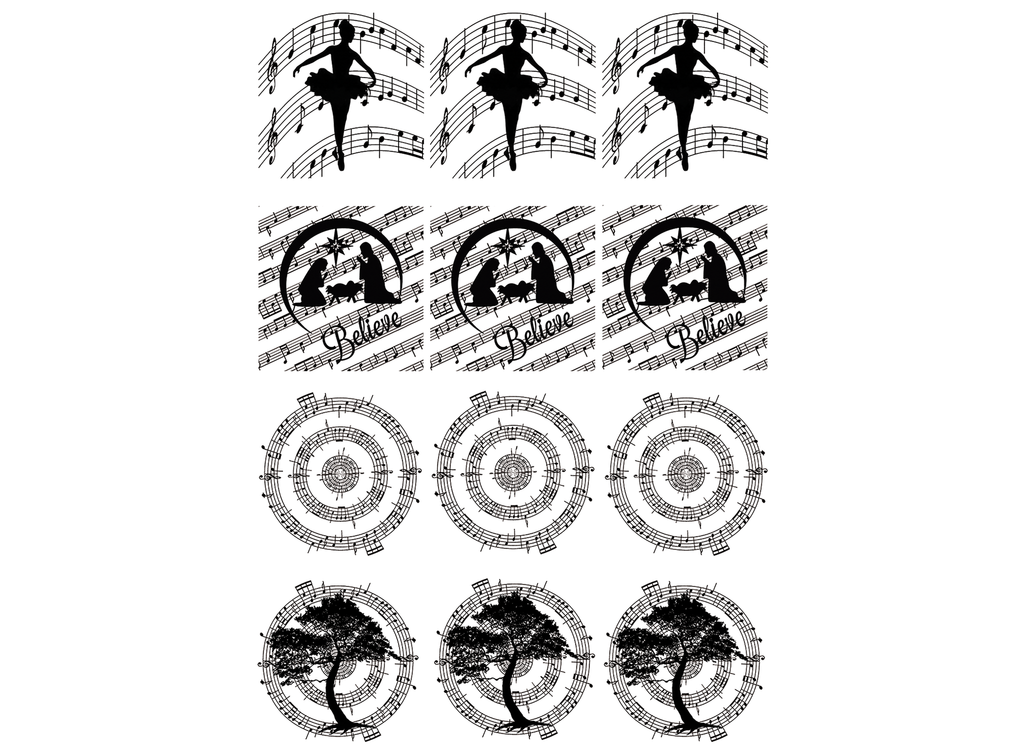 Music Ballet Nativity Tree 1-1/8"  Black Fused Glass Decals