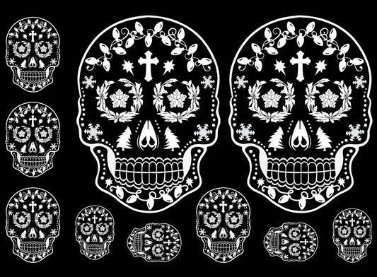 Christmas Sugar Skull  10 pcs 3/4" to 2-5/8" White Fused Glass Decals