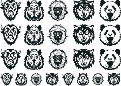 Animal Heads 23 pcs 1-1/4" Black Fused Glass Decals