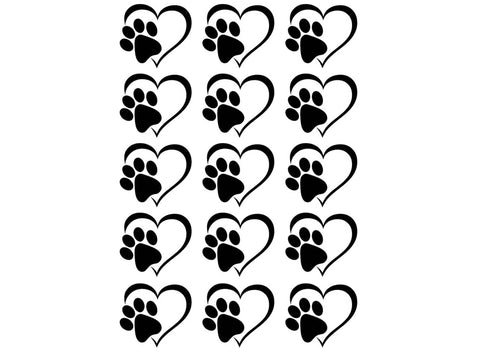 Heart Paw Print 15 pcs 1" Black Fused Glass Decals
