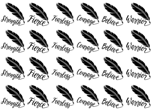 Quill Feather Courage Believe 24 pcs 1.15 Inch Black Fused Glass Decals