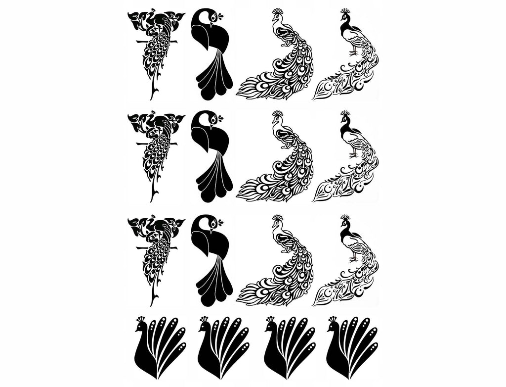Fancy Peacock Birds 16 pcs 1-1/4" Black Fused Glass Decals